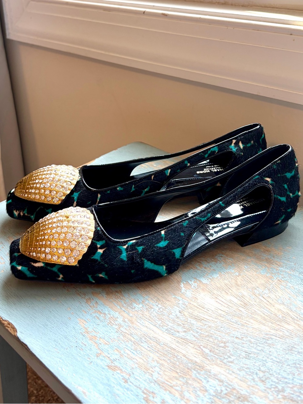 Michael Kors Collection Velvet Pointed Toe Flats with Gold Embellishment